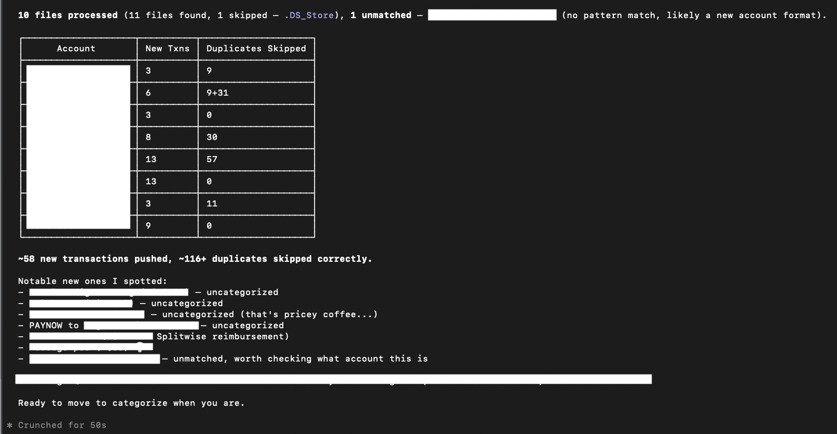 Auto-loader output — 8 accounts processed, 58 new transactions, 116+ duplicates detected